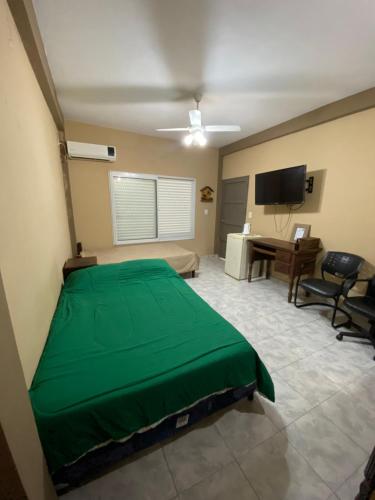 LU DORMIS Alquiler Temporario في كورينتس: غرفة نوم بسرير اخضر ومكتب