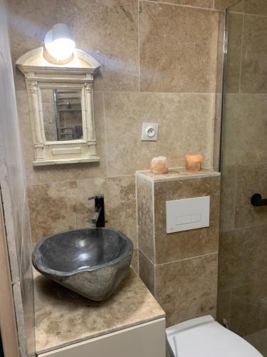 een badkamer met een stenen wastafel en een toilet bij La parisienne in Le Raincy