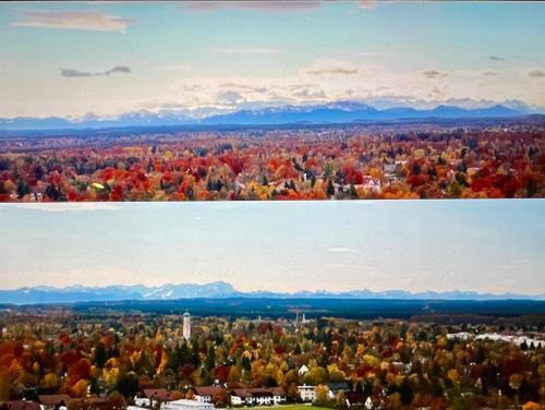 two pictures of an autumn city with mountains in the background at ALPEN-PANORAMA SUITE - Einzigartige Privatsuite hoch über München, 12tes OG, Alpenblick, Loggia, Whirlpool, 15 Minuten zum Zentrum, Ruhe und Erholung in der Stadt München für privat und geschäftlich Reisende in Munich