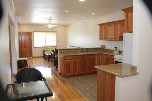 a kitchen with wooden cabinets and a counter top at UTILA.RENTALS in Utila