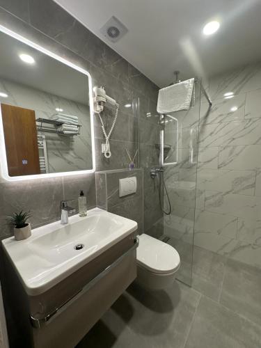 a bathroom with a sink and a toilet and a mirror at Vila Marija in Skradin