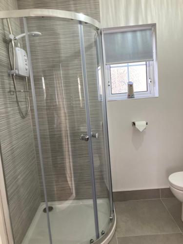 a shower in a bathroom with a toilet and a window at Binnian Gateway in Ballymartin