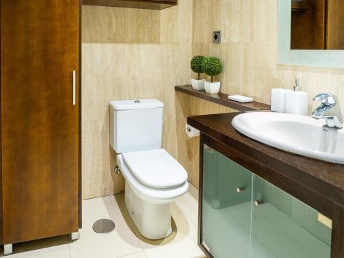 a bathroom with a toilet and a sink at Apartment Abora Garden with terrace, pool, extensive gardens and free parking in Las Palmas de Gran Canaria