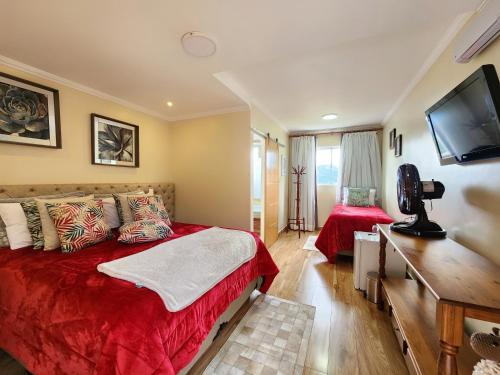 カンポス・ド・ジョルドンにあるPousada Geada de Camposのベッドルーム(ベッド1台、薄型テレビ付)