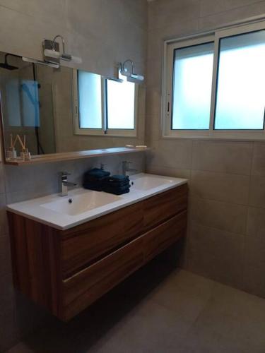 une salle de bain avec un lavabo et un miroir dans l'établissement Grande Villa Ardèche, à Le Teil