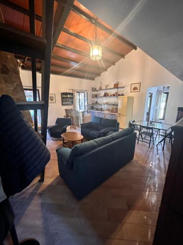 uma sala de estar com sofás azuis e uma mesa em Casa Rural Los Murtales em Alcalá de los Gazules