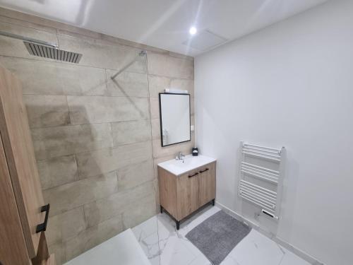 La salle de bains est pourvue d'un lavabo et d'un miroir. dans l'établissement Maison indépendante avec clim DYSNEY ROISSY PARC DES EXPOSITIONS, à Mitry-Mory