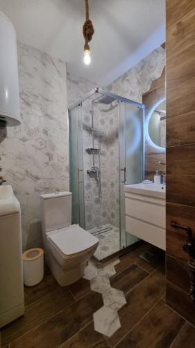 La salle de bains est pourvue d'une douche, de toilettes et d'un lavabo. dans l'établissement skopje centar apartment, à Skopje