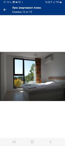 Cette chambre comprend 2 lits et une fenêtre. dans l'établissement Лукс апартамент Алекс, à Blagoevgrad