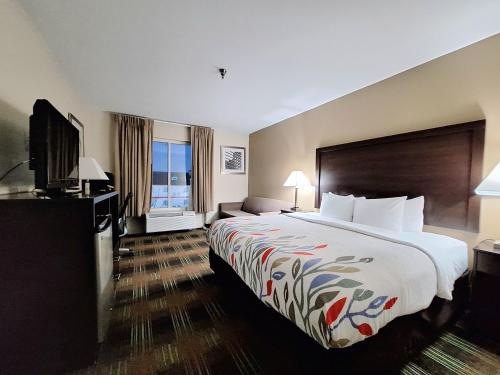a hotel room with a large bed and a television at Trident Inn & Suites New Orleans in New Orleans