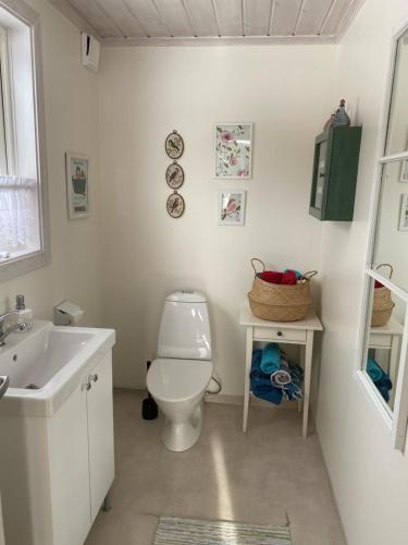 een badkamer met een wit toilet en een wastafel bij Lövlingskulle in Sandöverken