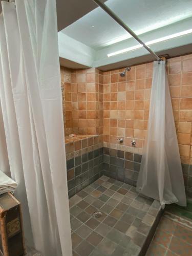 uma casa de banho com chuveiro e cortina de chuveiro em Casa La Cuarta em San Luis Potosí