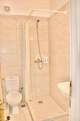 a bathroom with a shower with a toilet and a sink at Piraeus Relax in Piraeus