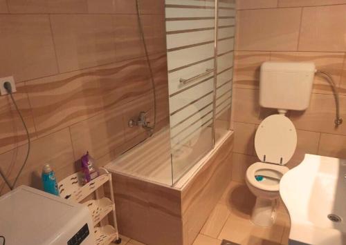 a bathroom with a shower and a toilet and a tub at Holiday Apartment Nina,Zadar in Zadar
