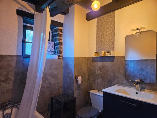 uma casa de banho com um lavatório, um WC e um chuveiro em Les 3 rossignols em Taden