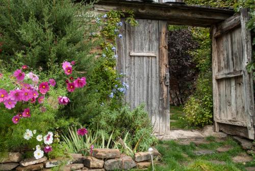 an old wooden door in a garden with flowers at O Chardinet d'a Formiga in Aínsa