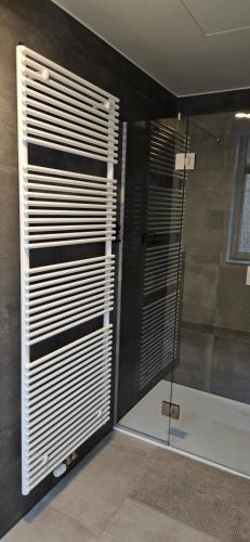 a shower with a glass door in a bathroom at Poppies Flats in Ypres