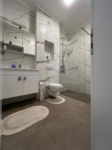 a bathroom with a toilet and a glass shower at Apartment Nadaa in Čapljina