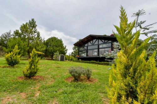 a house in a field with trees in front of it at Hermosa cabaña de descanso en Tlapalpa in Tapalpa