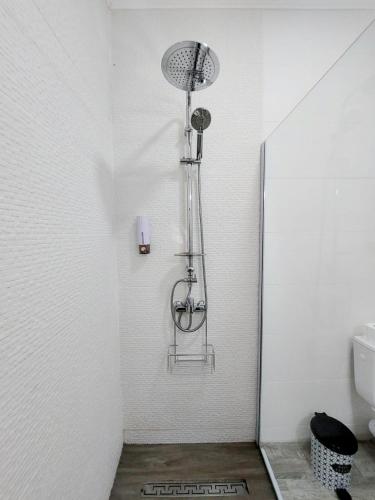 a bathroom with a shower in a white wall at Cross Caraiman View 1 in Buşteni