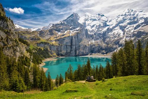 a group of people standing on a hill overlooking a mountain lake at Apartment Arvenwald in Kandersteg