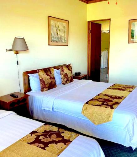 a hotel room with two beds and a lamp at Soluxe el sesteo in San José