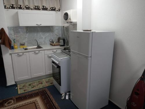 a small kitchen with a refrigerator and a sink at נוף הכנרת in Tiberias