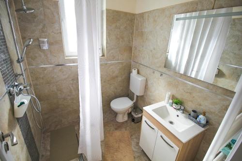 a bathroom with a toilet and a sink and a mirror at Zara Apartament 1 in Târgu-Mureş