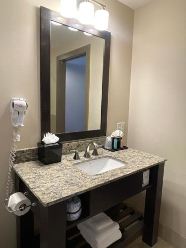 a bathroom with a sink and a mirror at South Beach Biloxi Hotel & Suites in Biloxi