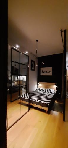 a room with two beds and a mirror at Apartament DANI in Nysa