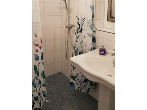 a bathroom with a sink and a shower curtain at Villa Lake Constance view in Stetten