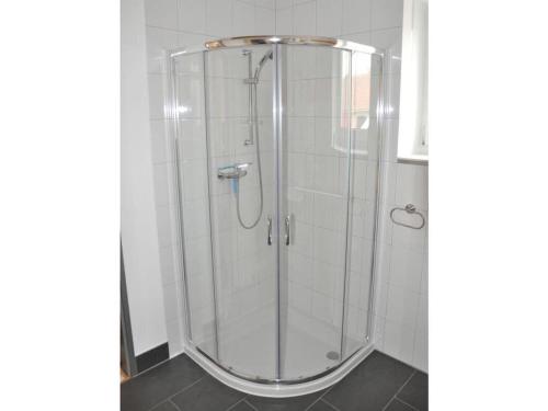 a shower with a glass enclosure in a bathroom at Holiday home Lutowsee 