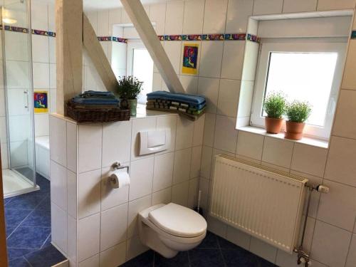 bagno con servizi igienici e finestra. di Holiday apartment holidays in the forest a Weisenbach