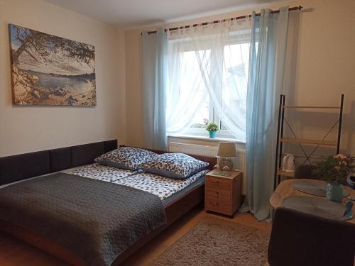 a small bedroom with a bed and a window at Pokoje AGA in Mikołajki