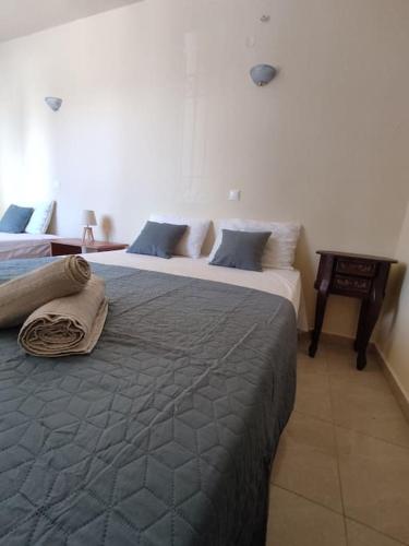 a bedroom with two beds and a side table at MontNoir Appartement in Mavrovoúnion