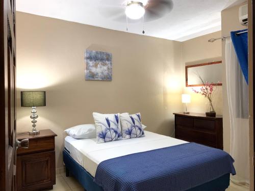 a bedroom with a bed with blue sheets and a ceiling at Posada Florencia AC near Guanacaste Airport in Liberia