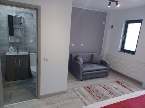 a living room with a chair and a bathroom at ApartHotel Oltului in Galaţi