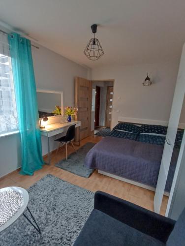 a bedroom with a bed and a desk at Pokoje AGA in Mikołajki