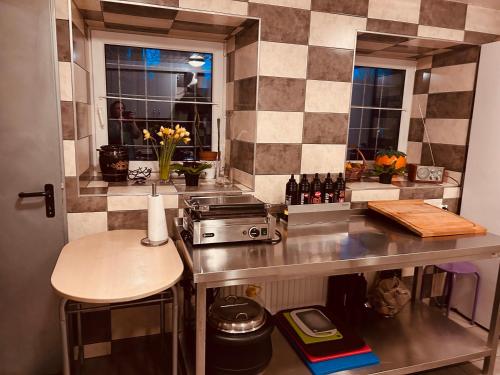 a kitchen with a counter with a stove and a sink at Domek w Lesie in Karłów