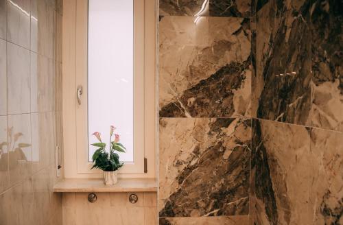 uma casa de banho com um chuveiro em mármore com uma planta numa prateleira em Verona Dolce Casa em Verona