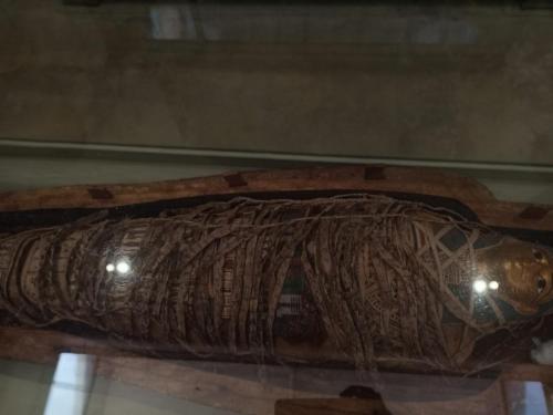 a wooden artifact in a glass case on display at Trafiko in Cairo