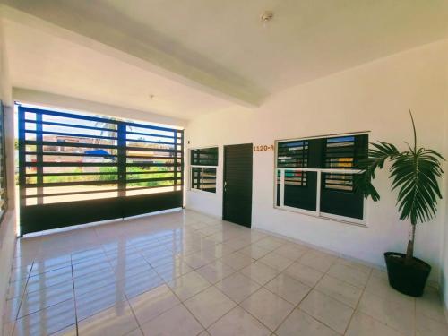 una sala de estar con una maceta y ventanas en Rincón de la Naturaleza, en Mazatlán