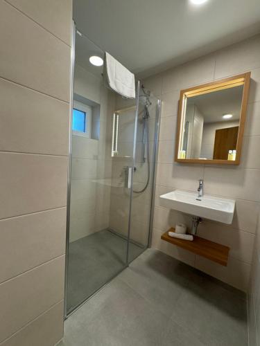 ein Bad mit einer Dusche und einem Waschbecken in der Unterkunft Eden Pálava, Penzion & Restaurant in Klentnice