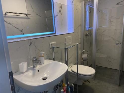 W łazience znajduje się umywalka, toaleta i lustro. w obiekcie Living in a penthouse in Frankfurt, with balcony for smokers w Frankfurcie nad Menem