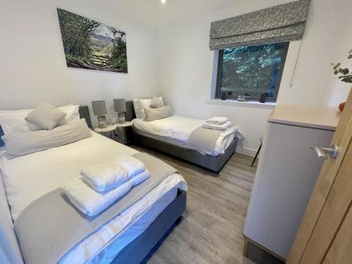 1 dormitorio con 2 camas y ventana en "Brett" Scandinavian Lodge with private hot tub, en East Bergholt