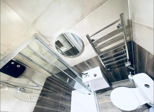 a bathroom with a toilet and a mirror at Charming En-Suite in London in London