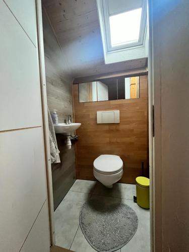 une petite salle de bain avec toilettes et lavabo dans l'établissement L’atelier des rêves, à Volmunster