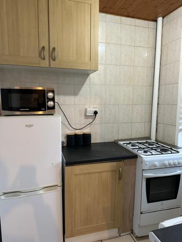 a kitchen with a white stove and a white refrigerator at 1 bedroom flat in Whitechapel, London in London