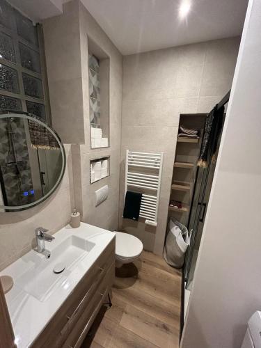une salle de bain avec un lavabo, des toilettes et un miroir dans l'établissement Welcome appartement neuf mars 2024, à Gretz-Armainvilliers