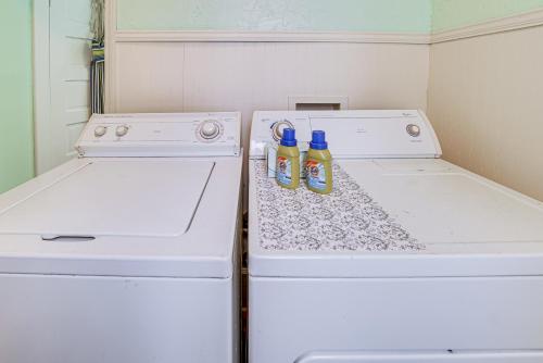 two bottles of laundry detergent sitting on a counter in a kitchen at Ludington Home with 6 Bicycles Less Than 1 Mi to Beach! in Ludington